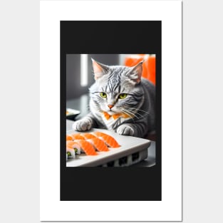 Cat Eating Sushi - Modern Digital Art Posters and Art